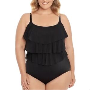 Swim Solutions Black Plus Size Triple Tiered One-Piece Swimsuit